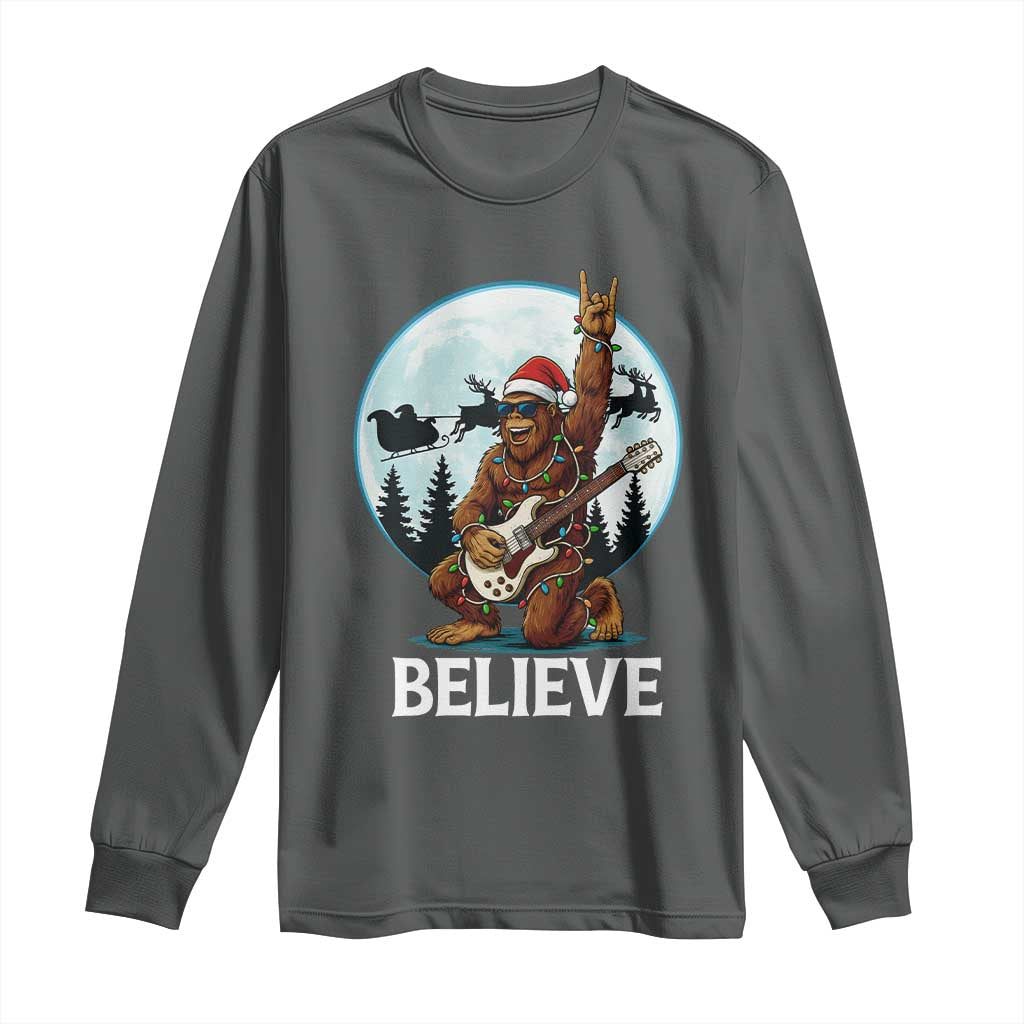 Christmas Bigfoot Long Sleeve Shirt Believe Funny Santa Rock N Roll TS12 Dark Heather Print Your Wear