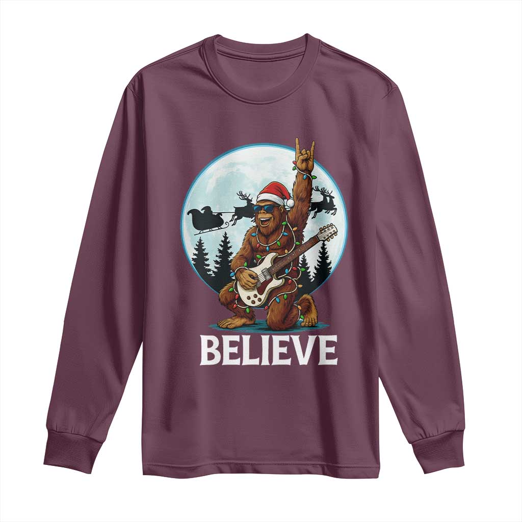 Christmas Bigfoot Long Sleeve Shirt Believe Funny Santa Rock N Roll TS12 Maroon Print Your Wear
