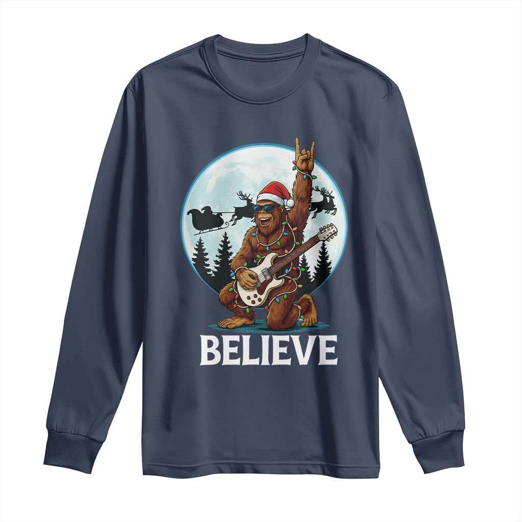 Christmas Bigfoot Long Sleeve Shirt Believe Funny Santa Rock N Roll TS12 Navy Print Your Wear