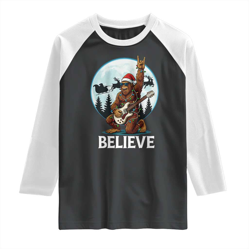 Christmas Bigfoot Raglan Shirt Believe Funny Santa Rock N Roll TS12 Black White Print Your Wear