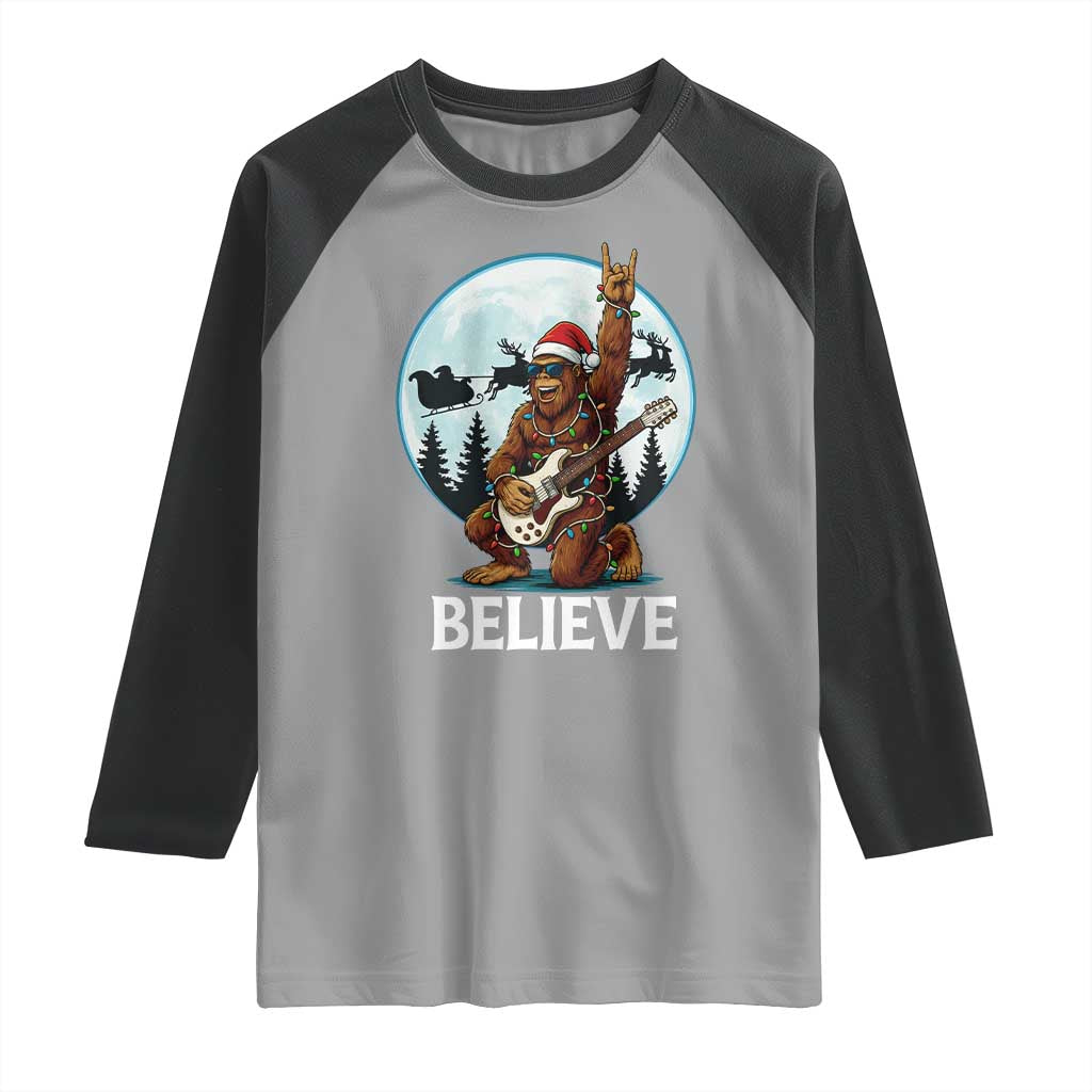 Christmas Bigfoot Raglan Shirt Believe Funny Santa Rock N Roll TS12 Sport Gray Black Print Your Wear