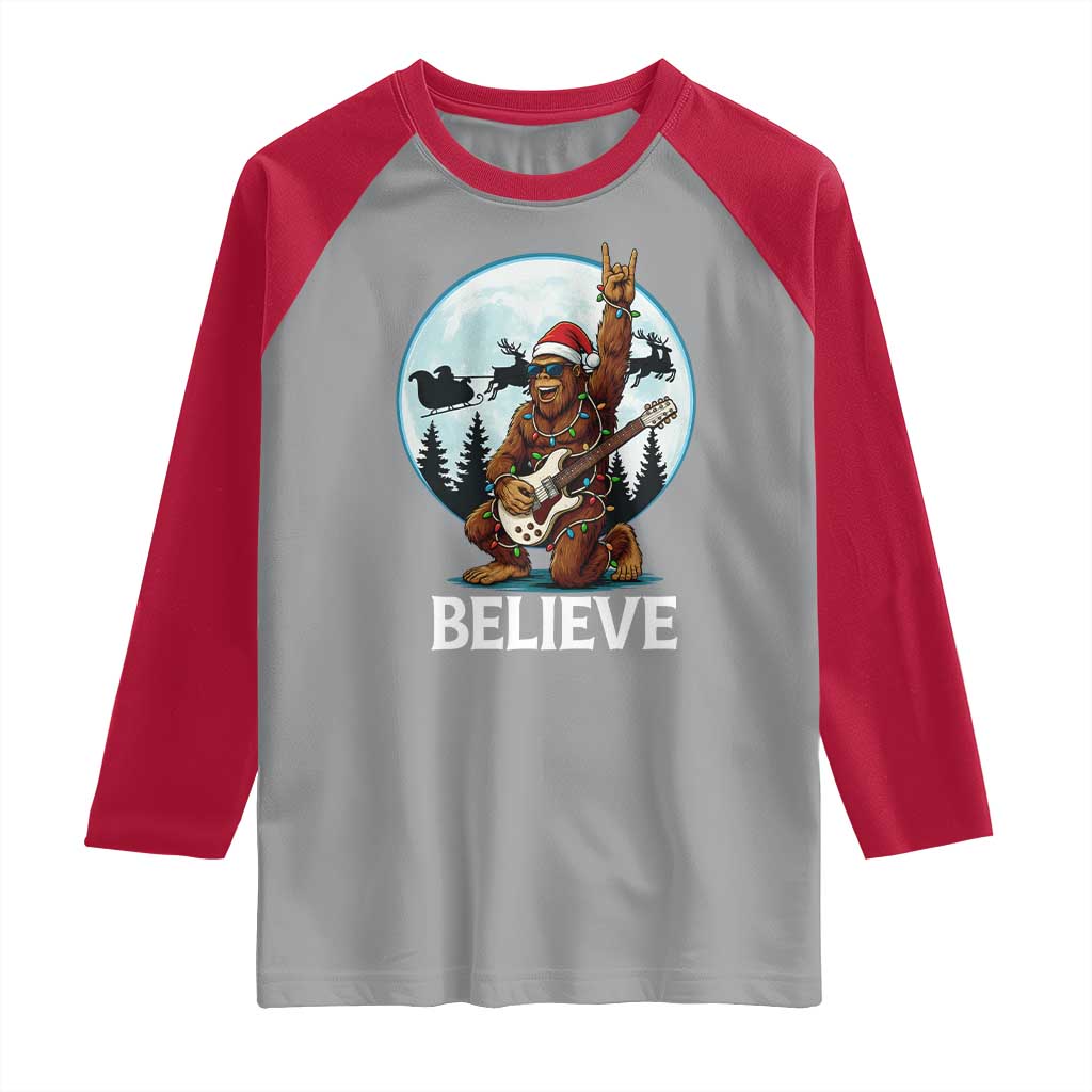 Christmas Bigfoot Raglan Shirt Believe Funny Santa Rock N Roll TS12 Sport Gray Red Print Your Wear