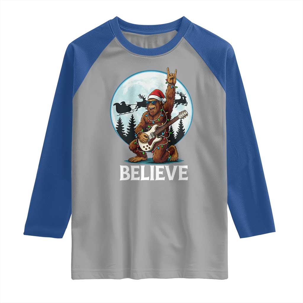 Christmas Bigfoot Raglan Shirt Believe Funny Santa Rock N Roll TS12 Sport Gray Royal Print Your Wear