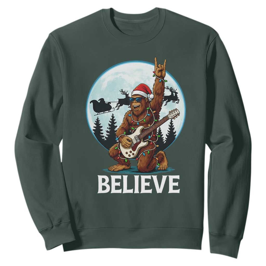 Christmas Bigfoot Sweatshirt Believe Funny Santa Rock N Roll TS12 Dark Forest Green Print Your Wear