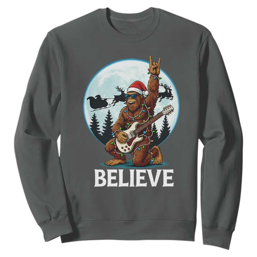 Christmas Bigfoot Sweatshirt Believe Funny Santa Rock N Roll TS12 Dark Heather Print Your Wear