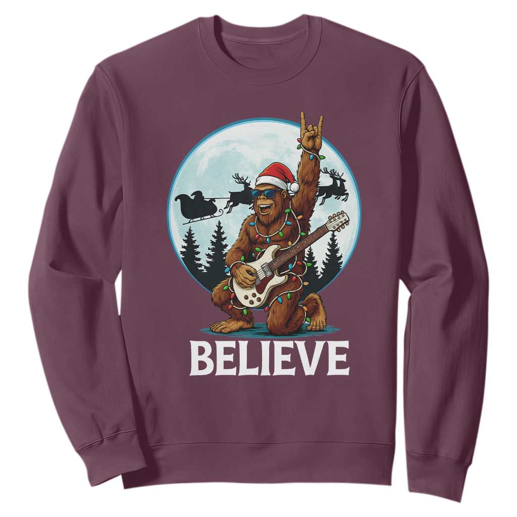 Christmas Bigfoot Sweatshirt Believe Funny Santa Rock N Roll TS12 Maroon Print Your Wear