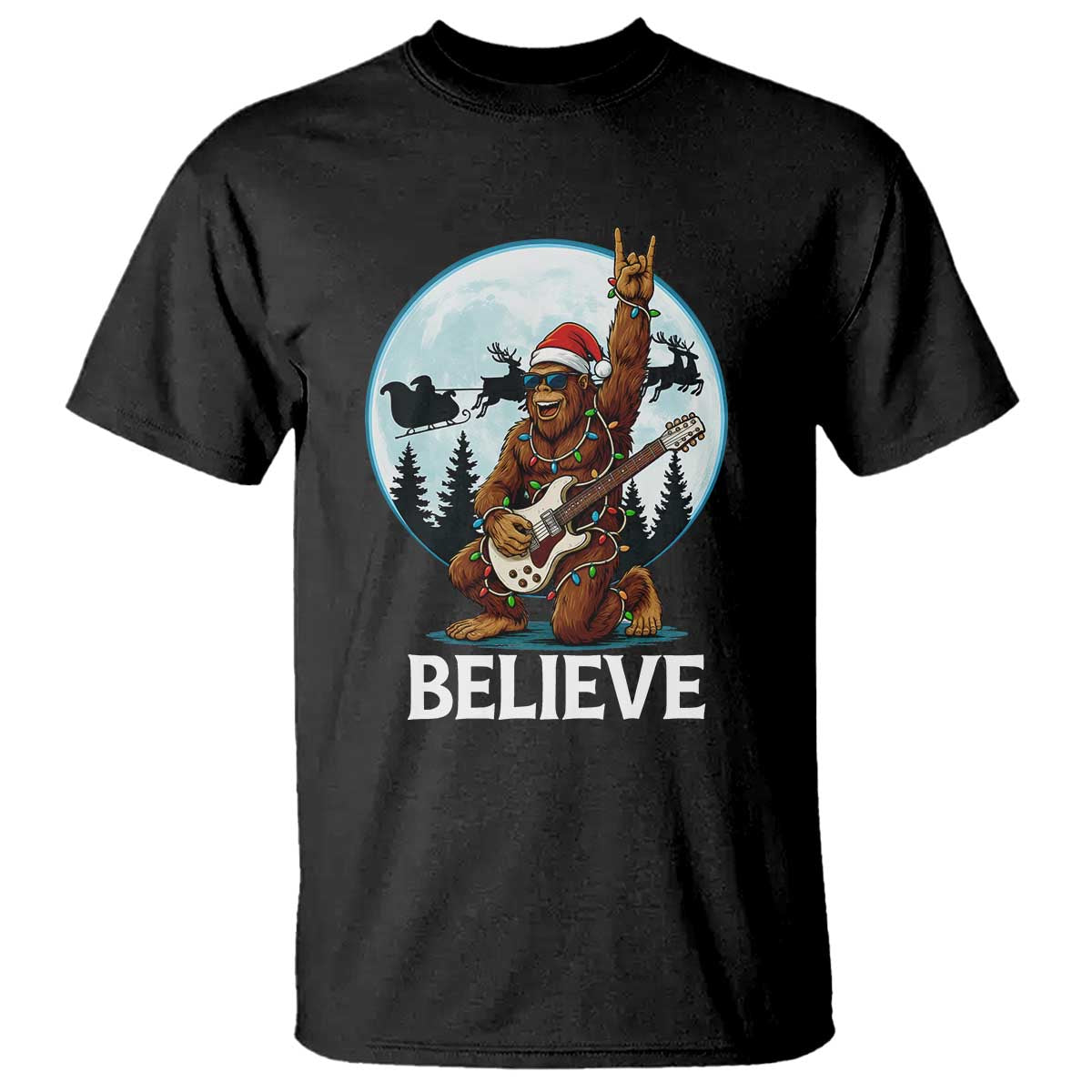 Christmas Bigfoot T Shirt Believe Funny Santa Rock N Roll TS12 Black Print Your Wear
