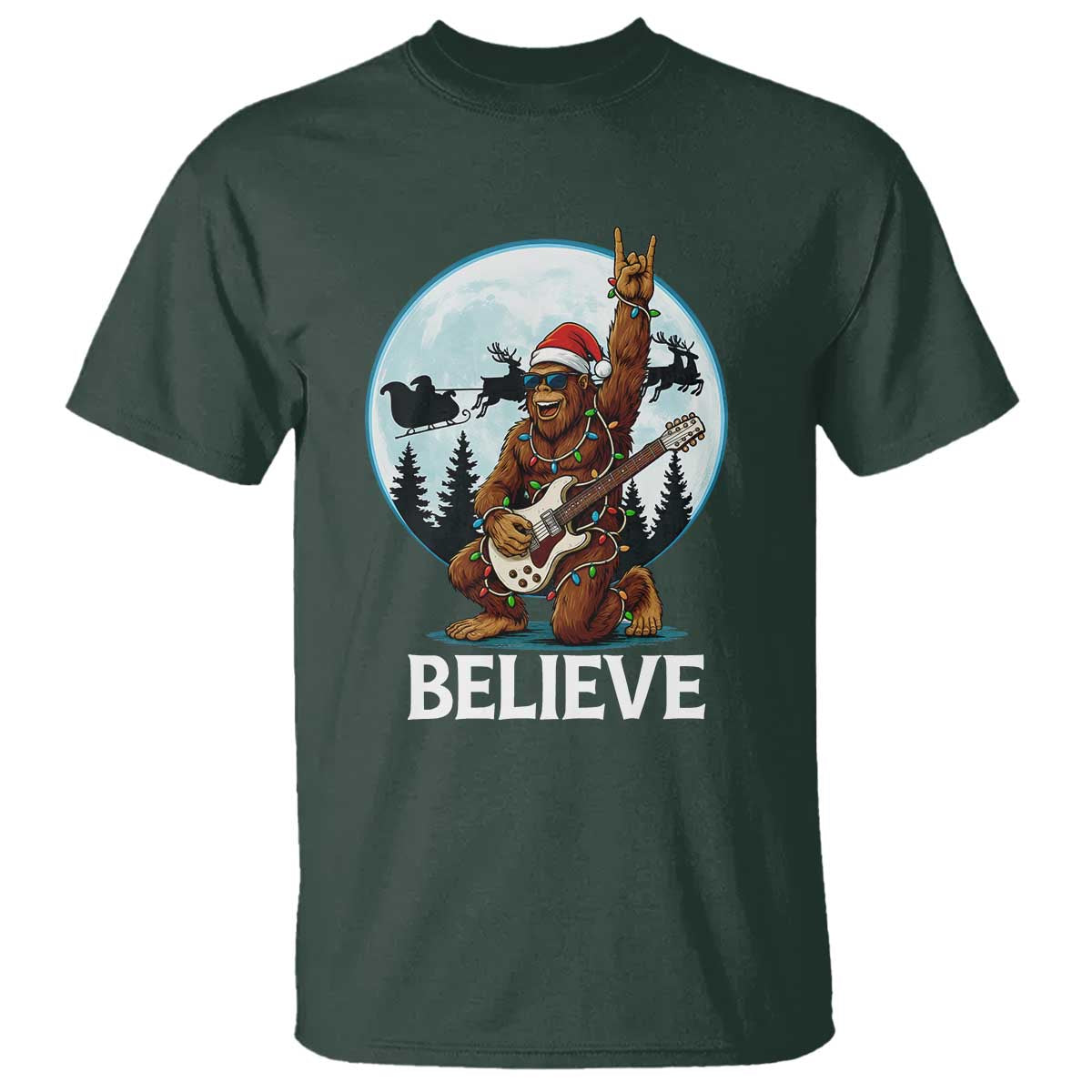 Christmas Bigfoot T Shirt Believe Funny Santa Rock N Roll TS12 Dark Forest Green Print Your Wear