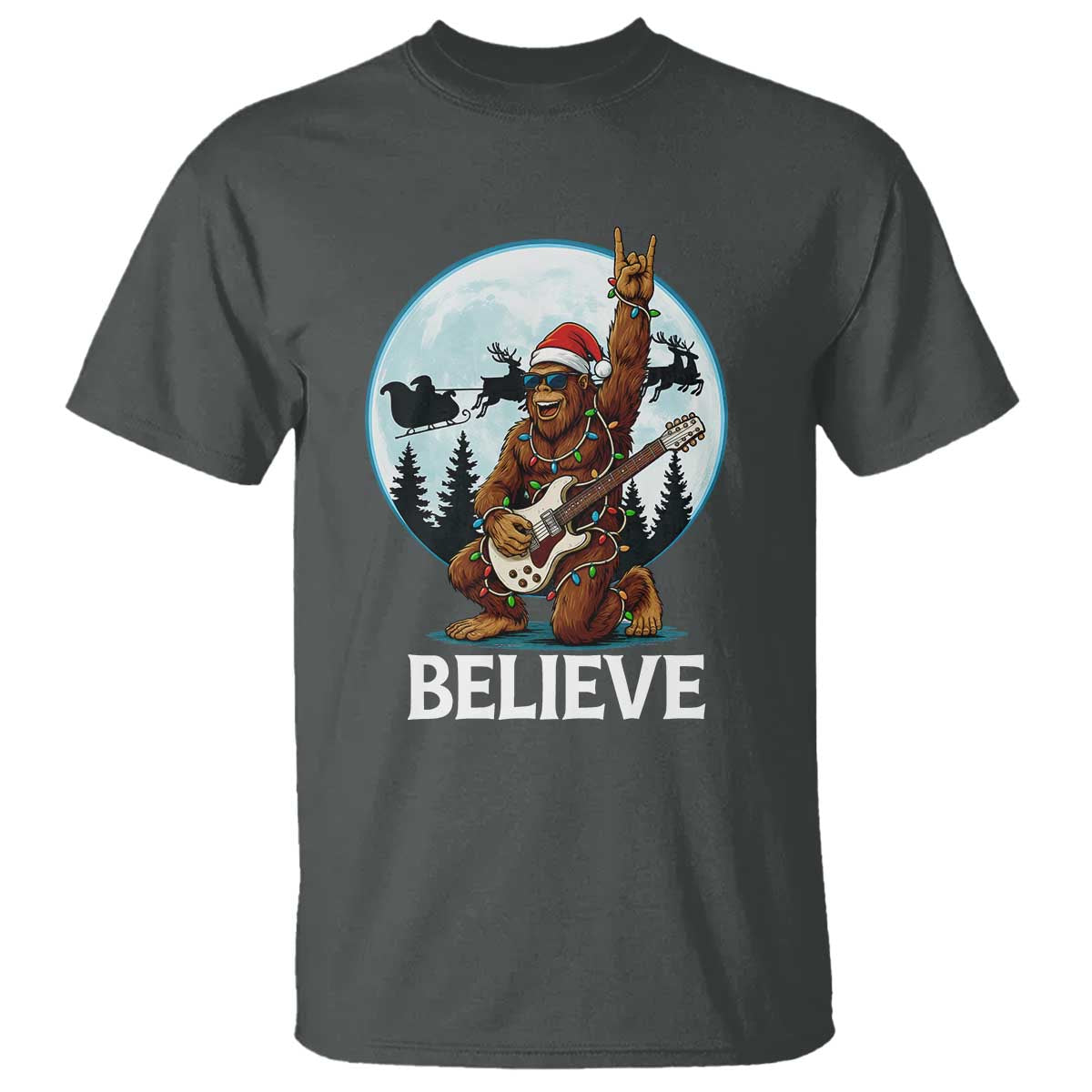 Christmas Bigfoot T Shirt Believe Funny Santa Rock N Roll TS12 Dark Heather Print Your Wear