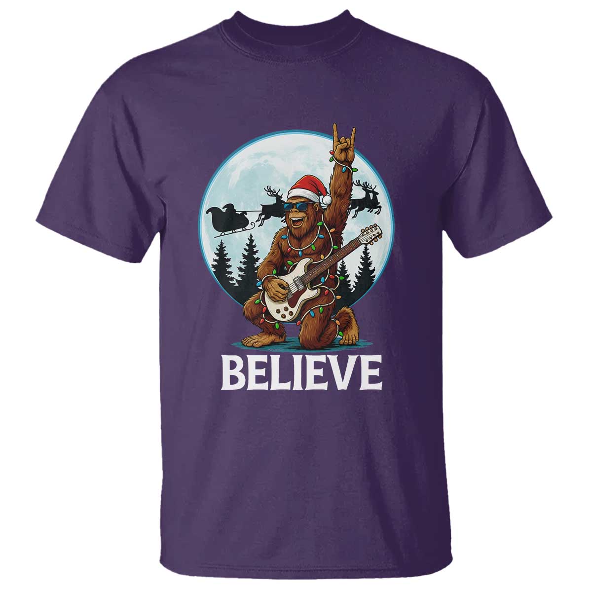 Christmas Bigfoot T Shirt Believe Funny Santa Rock N Roll TS12 Purple Print Your Wear