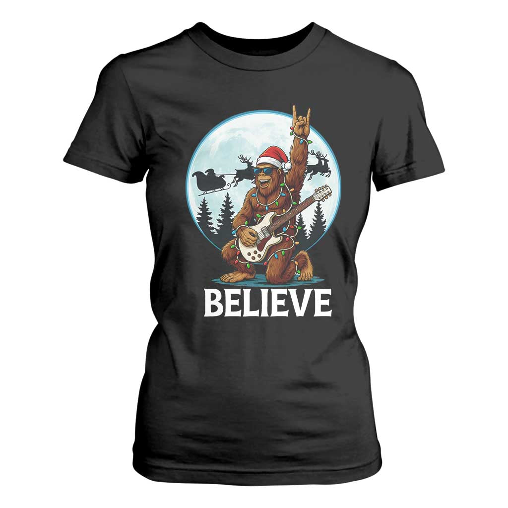 Christmas Bigfoot T Shirt For Women Believe Funny Santa Rock N Roll TS12 Black Print Your Wear