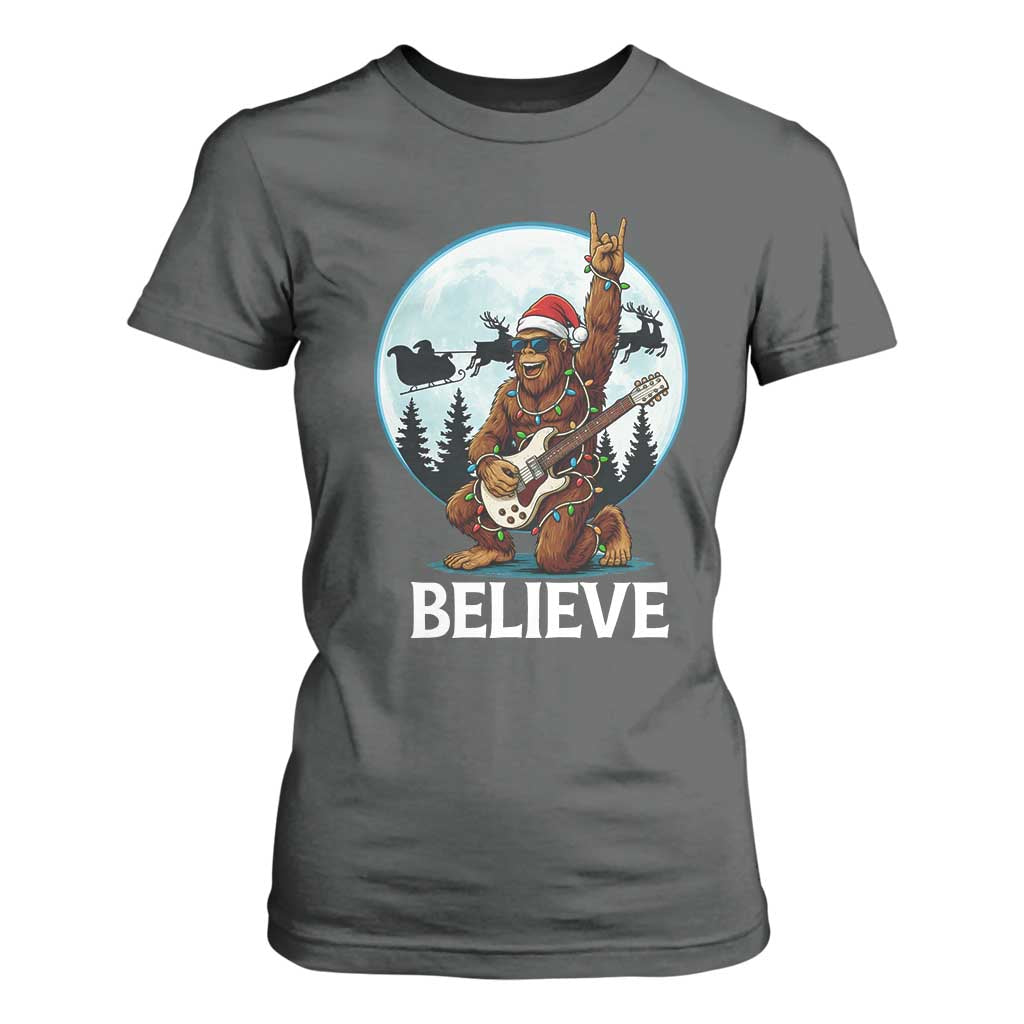 Christmas Bigfoot T Shirt For Women Believe Funny Santa Rock N Roll TS12 Dark Heather Print Your Wear