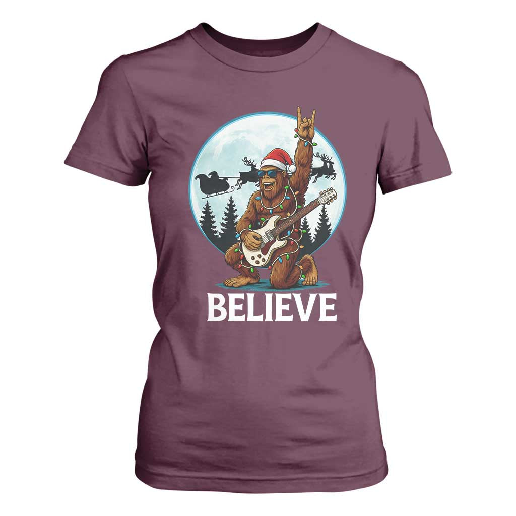 Christmas Bigfoot T Shirt For Women Believe Funny Santa Rock N Roll TS12 Maroon Print Your Wear