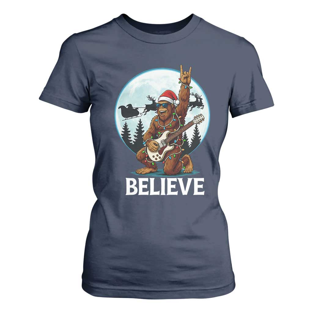 Christmas Bigfoot T Shirt For Women Believe Funny Santa Rock N Roll TS12 Navy Print Your Wear