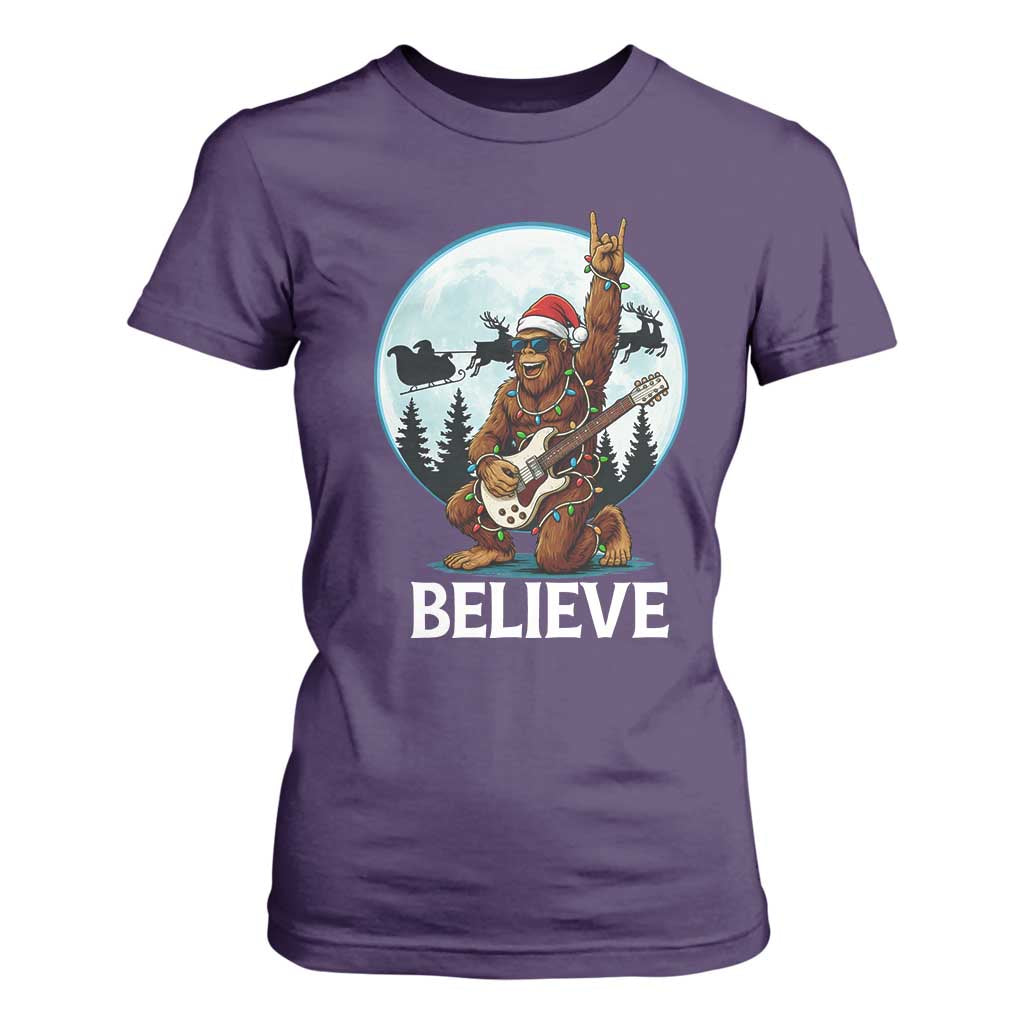 Christmas Bigfoot T Shirt For Women Believe Funny Santa Rock N Roll TS12 Purple Print Your Wear