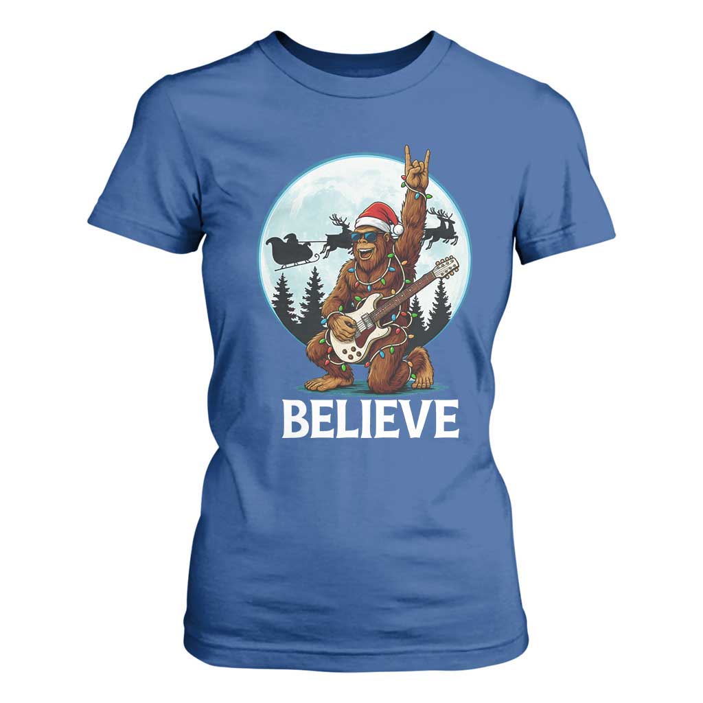 Christmas Bigfoot T Shirt For Women Believe Funny Santa Rock N Roll TS12 Royal Blue Print Your Wear