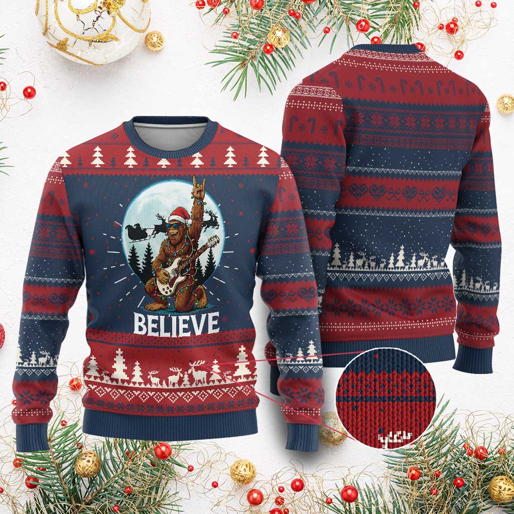 Xmas Bigfoot Ugly Christmas Sweater Believe Funny Santa Rock N Roll TS12 Burgundy Print Your Wear