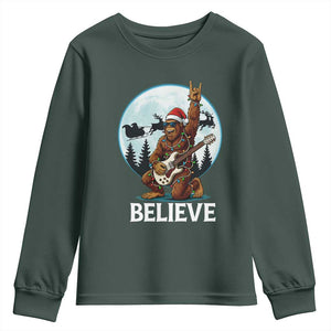 Christmas Bigfoot Youth Sweatshirt Believe Funny Santa Rock N Roll TS12 Dark Forest Green Print Your Wear
