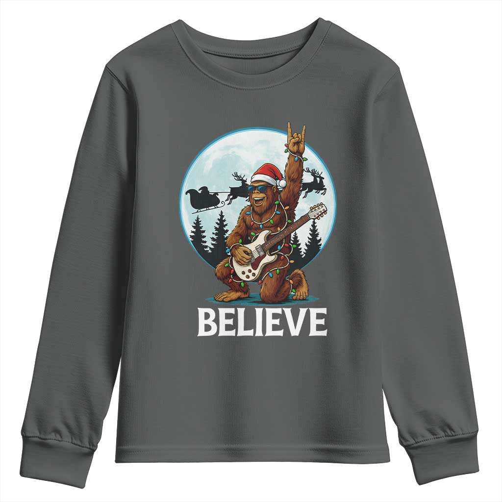 Christmas Bigfoot Youth Sweatshirt Believe Funny Santa Rock N Roll TS12 Dark Heather Print Your Wear