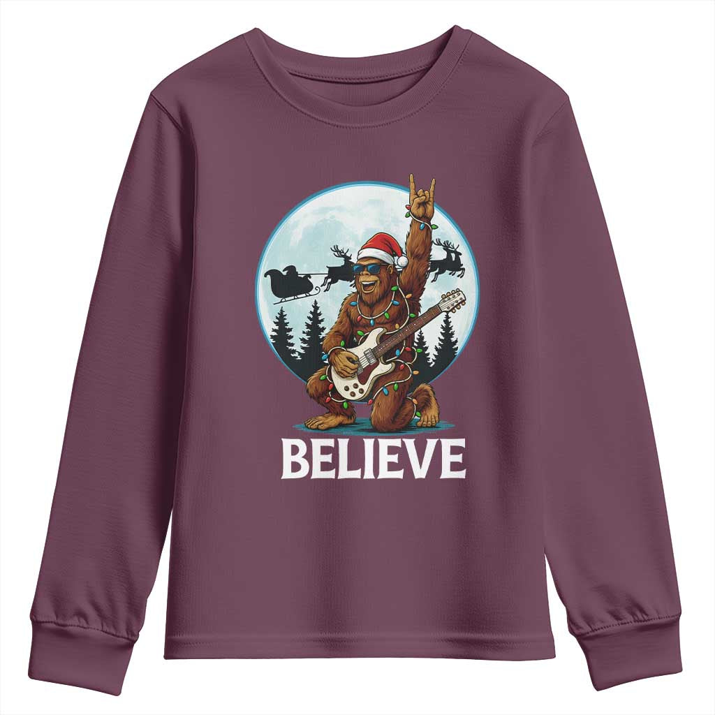 Christmas Bigfoot Youth Sweatshirt Believe Funny Santa Rock N Roll TS12 Maroon Print Your Wear