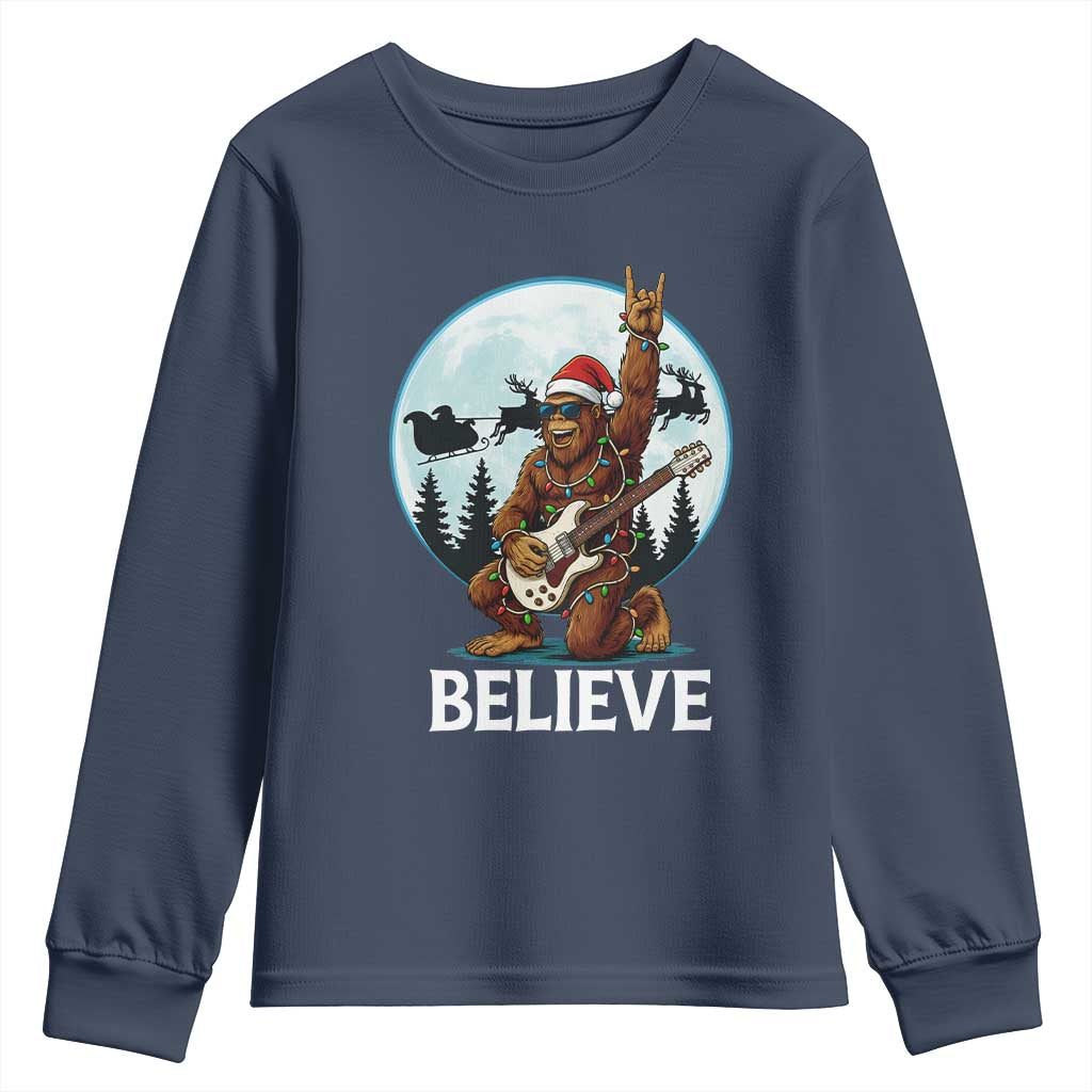 Christmas Bigfoot Youth Sweatshirt Believe Funny Santa Rock N Roll TS12 Navy Print Your Wear