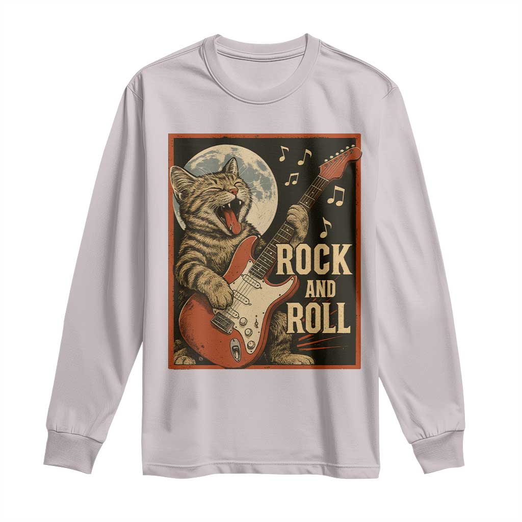 Funny Rock And Roll Long Sleeve Shirt Cat Playing Electric Guitar Music Lover TS12 Ice Gray Print Your Wear