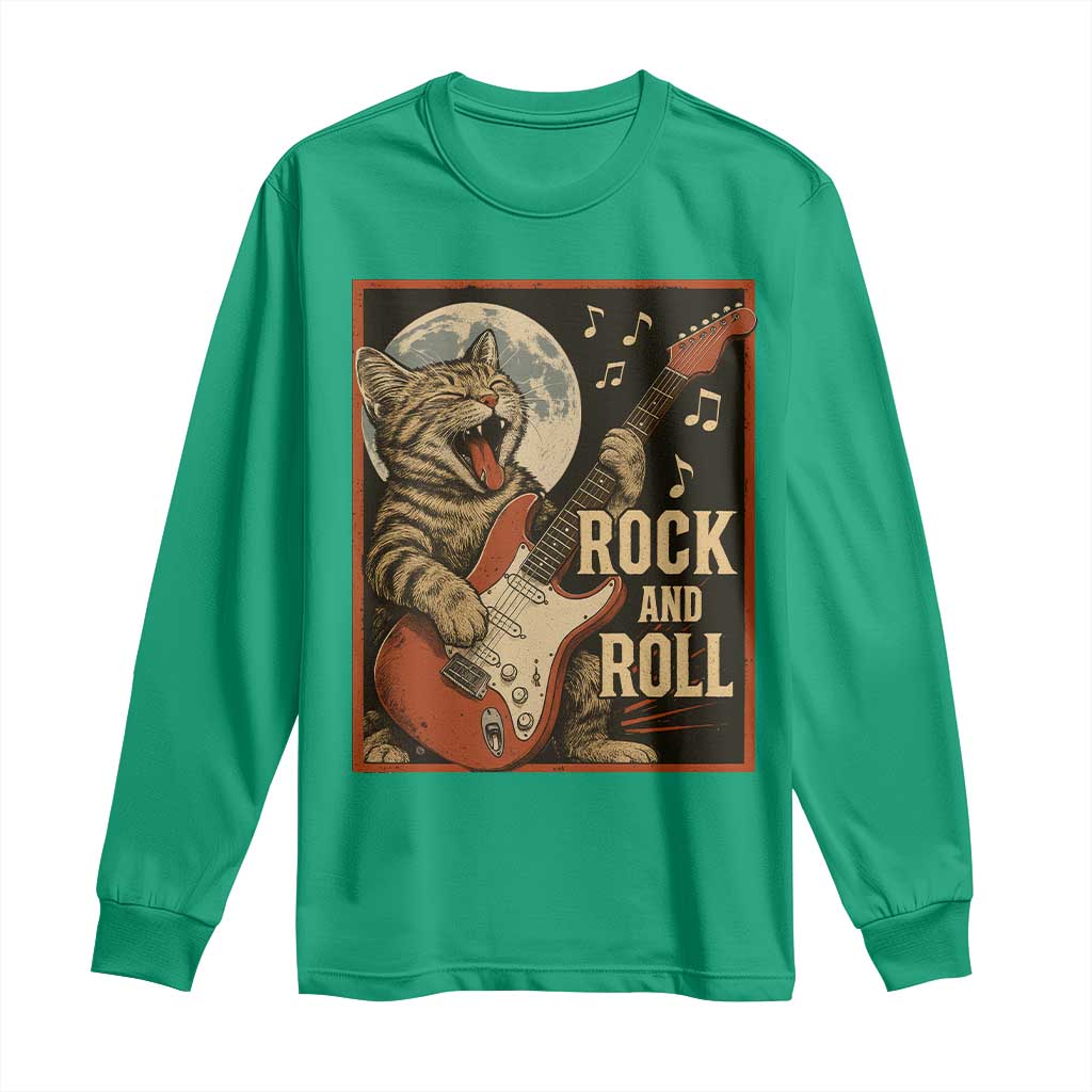 Funny Rock And Roll Long Sleeve Shirt Cat Playing Electric Guitar Music Lover TS12 Irish Green Print Your Wear
