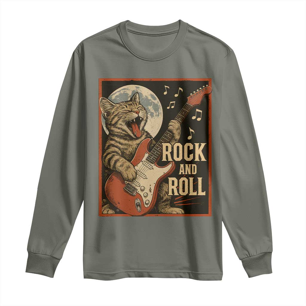 Funny Rock And Roll Long Sleeve Shirt Cat Playing Electric Guitar Music Lover TS12 Military Green Print Your Wear