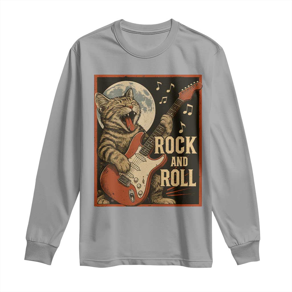 Funny Rock And Roll Long Sleeve Shirt Cat Playing Electric Guitar Music Lover TS12 Sport Gray Print Your Wear