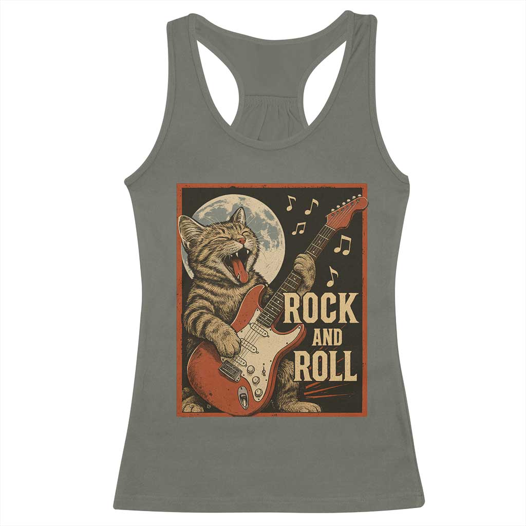 Funny Rock And Roll Racerback Tank Top Cat Playing Electric Guitar Music Lover TS12 Military Green Print Your Wear