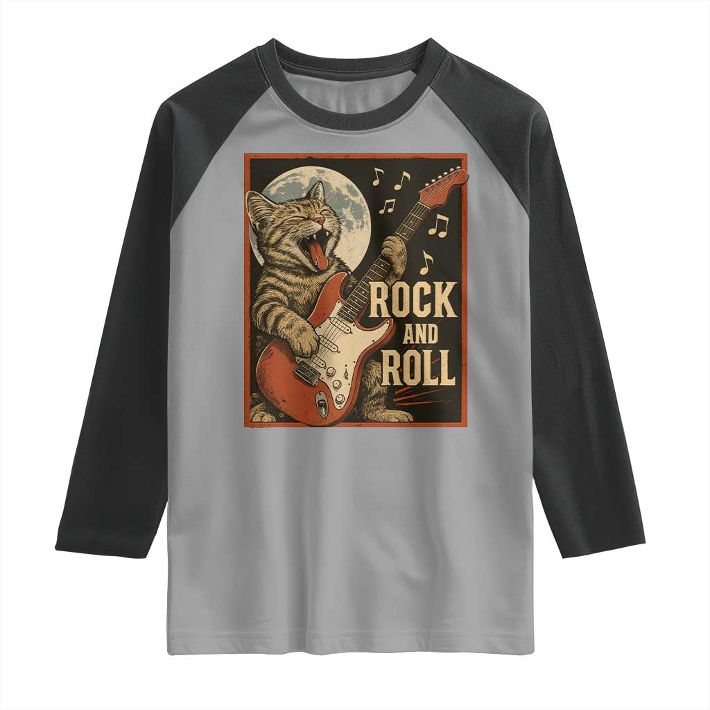Funny Rock And Roll Raglan Shirt Cat Playing Electric Guitar Music Lover TS12 Sport Gray Black Print Your Wear
