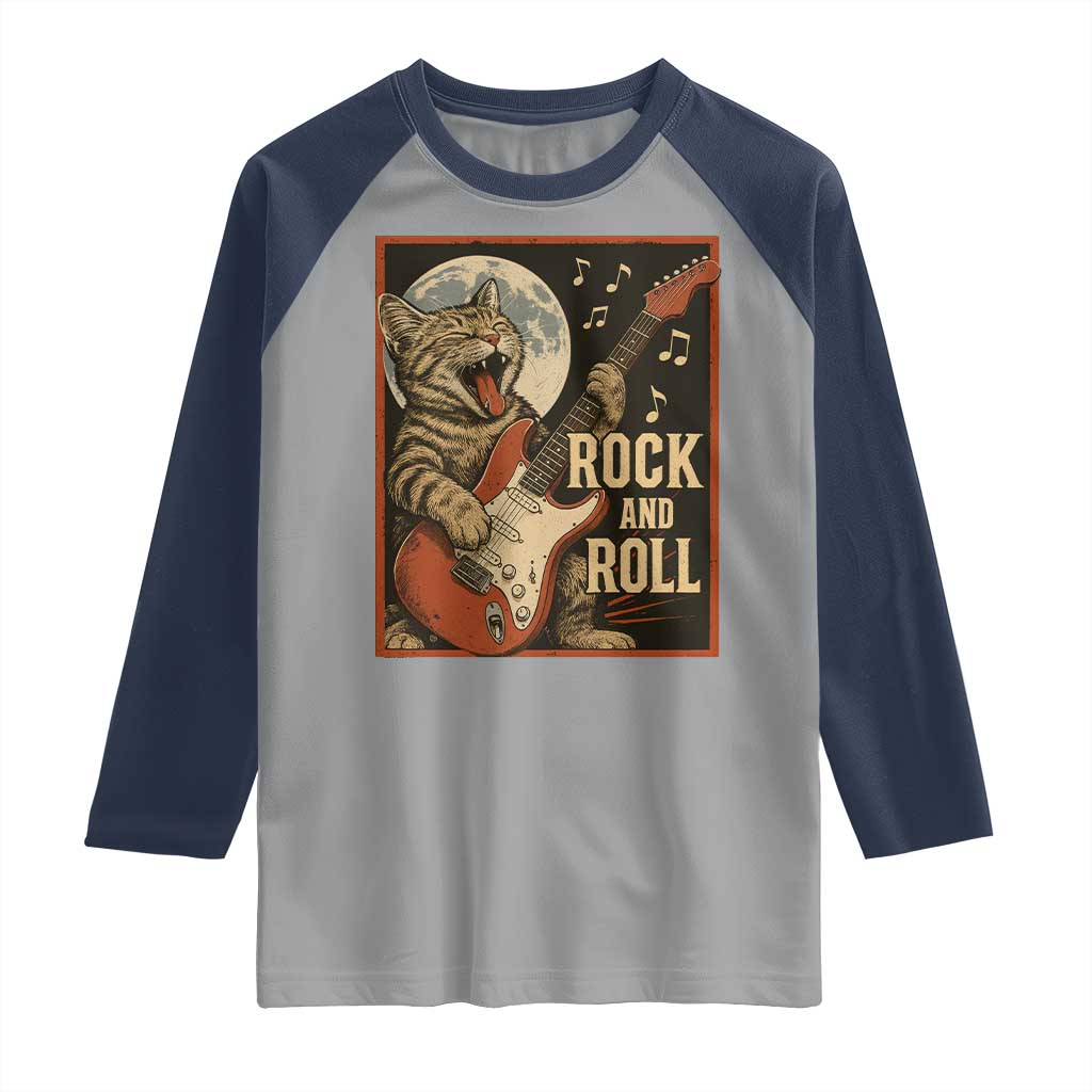 Funny Rock And Roll Raglan Shirt Cat Playing Electric Guitar Music Lover TS12 Sport Gray Navy Print Your Wear