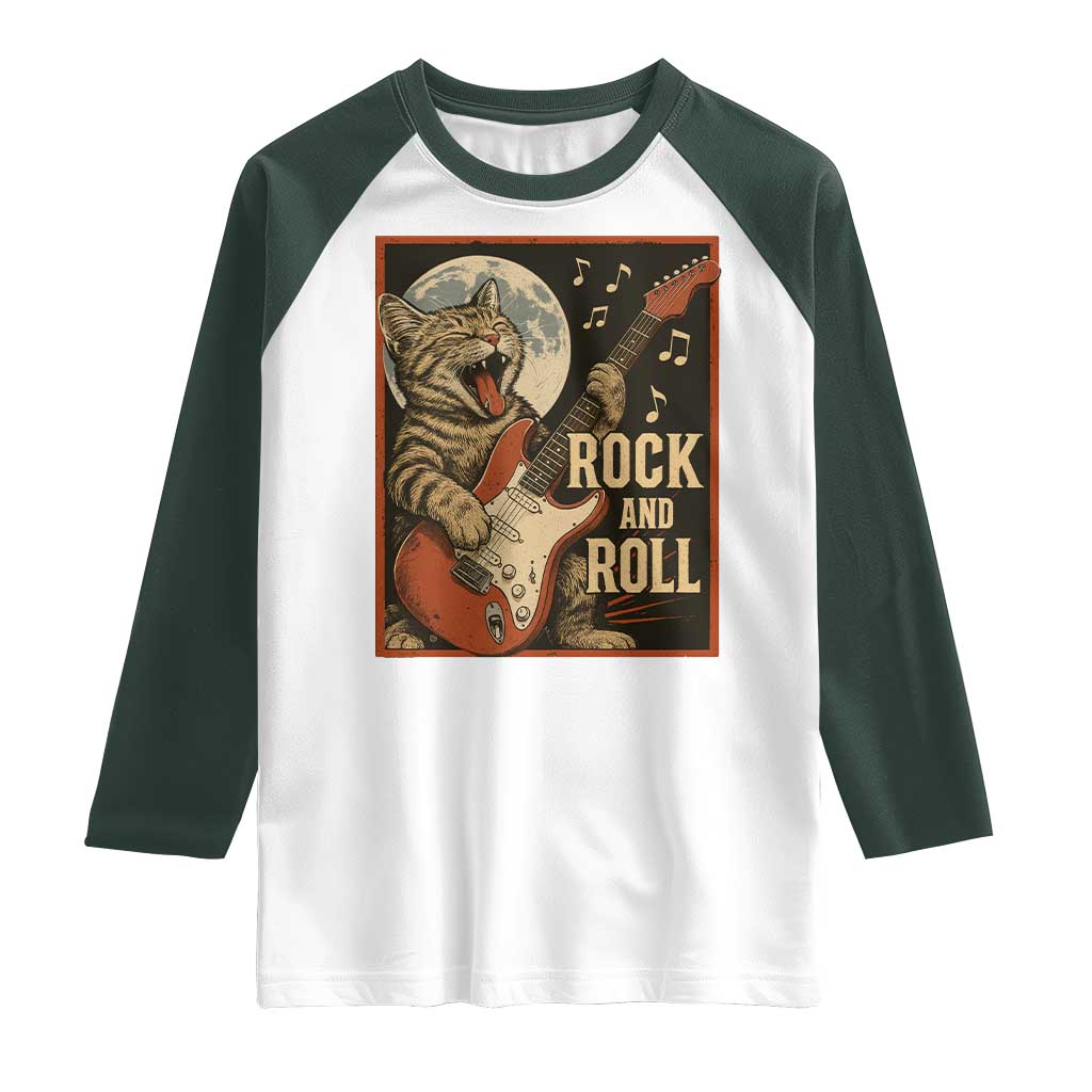 Funny Rock And Roll Raglan Shirt Cat Playing Electric Guitar Music Lover TS12 White Dark Forest Green Print Your Wear