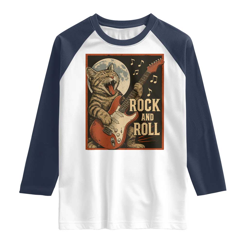 Funny Rock And Roll Raglan Shirt Cat Playing Electric Guitar Music Lover TS12 White Navy Print Your Wear