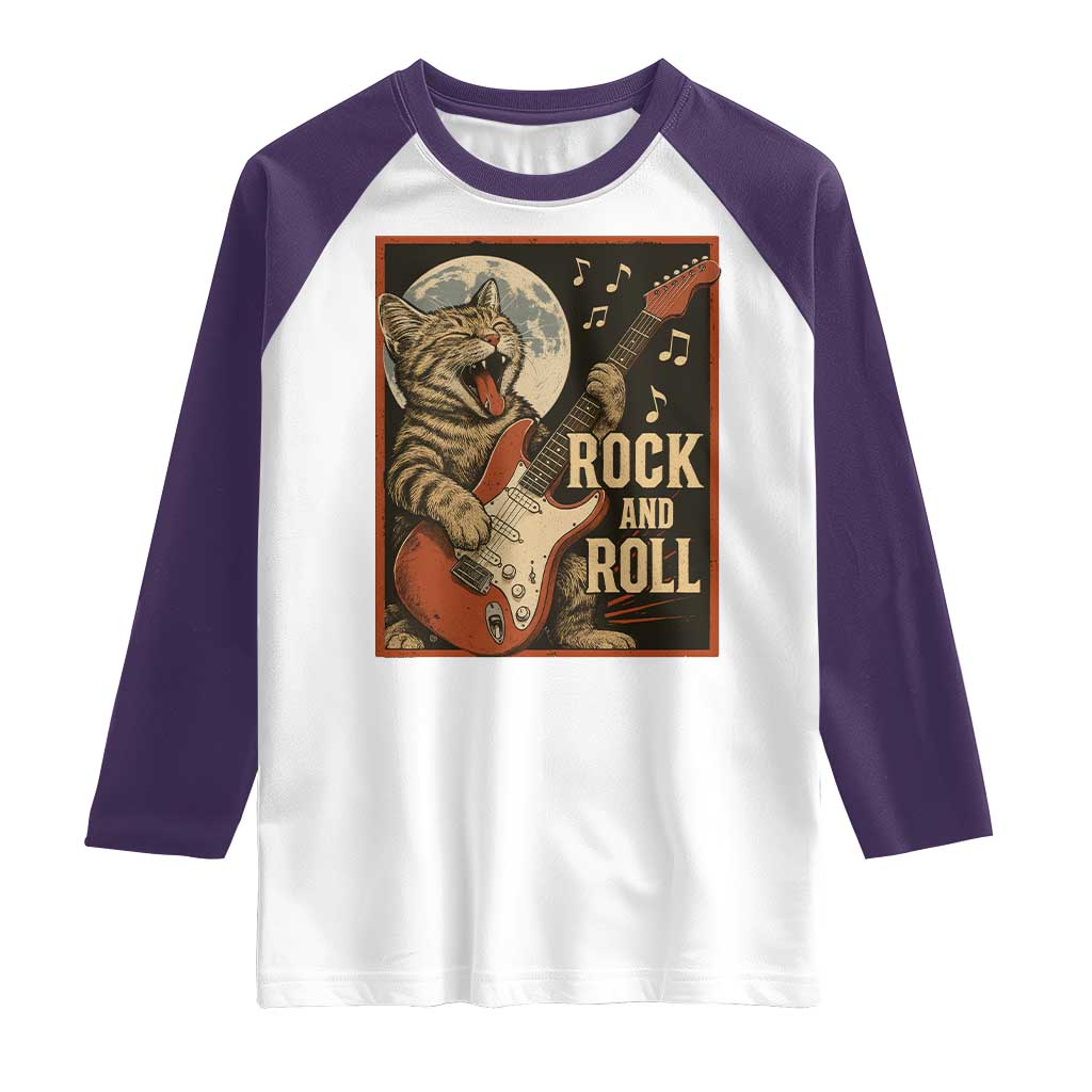 Funny Rock And Roll Raglan Shirt Cat Playing Electric Guitar Music Lover TS12 White Purple Print Your Wear