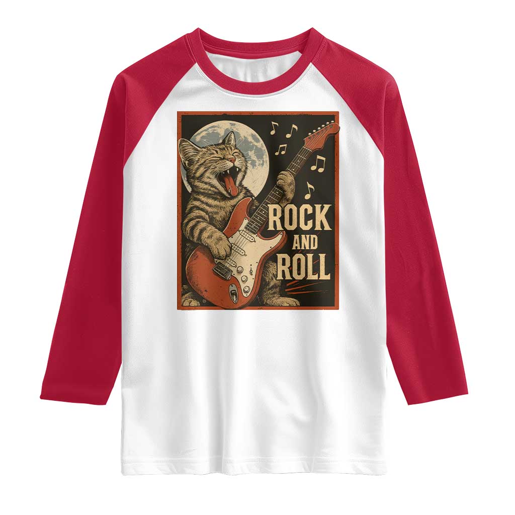 Funny Rock And Roll Raglan Shirt Cat Playing Electric Guitar Music Lover TS12 White Red Print Your Wear