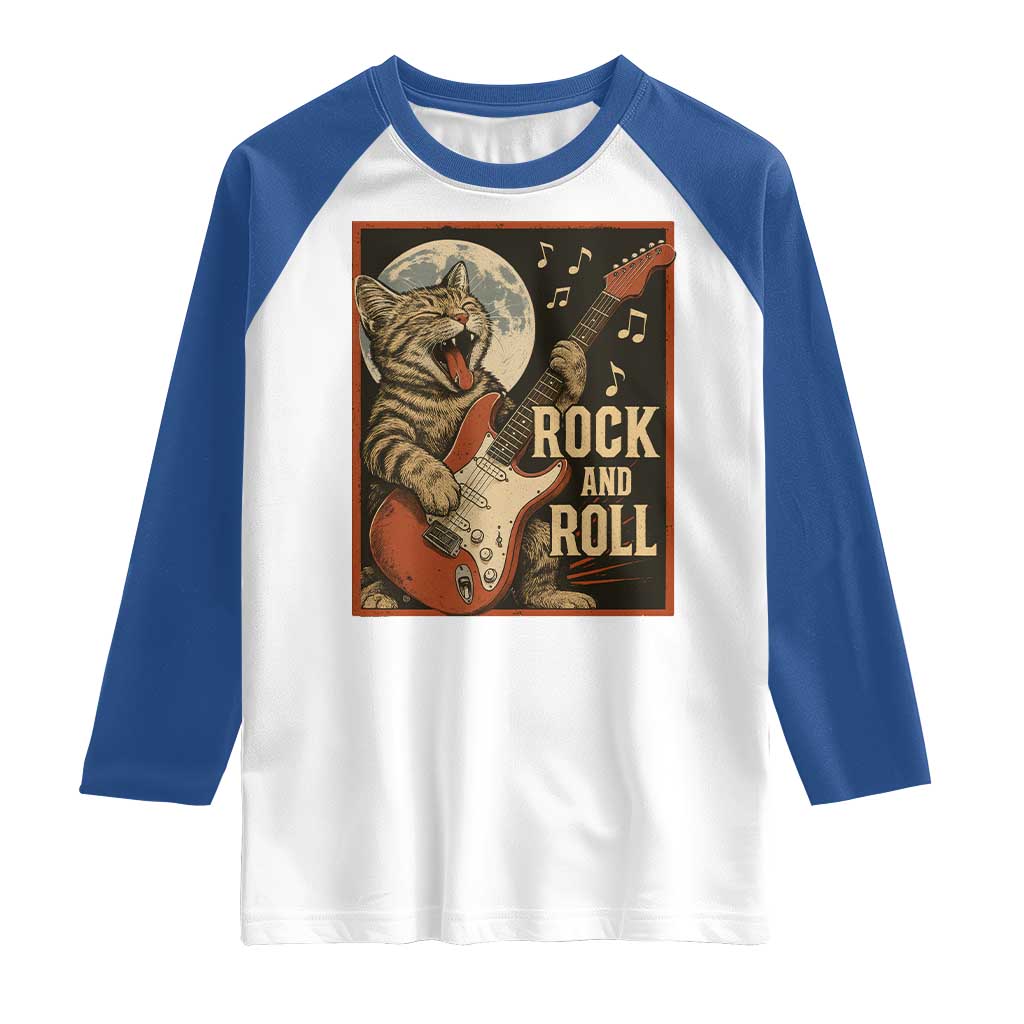 Funny Rock And Roll Raglan Shirt Cat Playing Electric Guitar Music Lover TS12 White Royal Print Your Wear