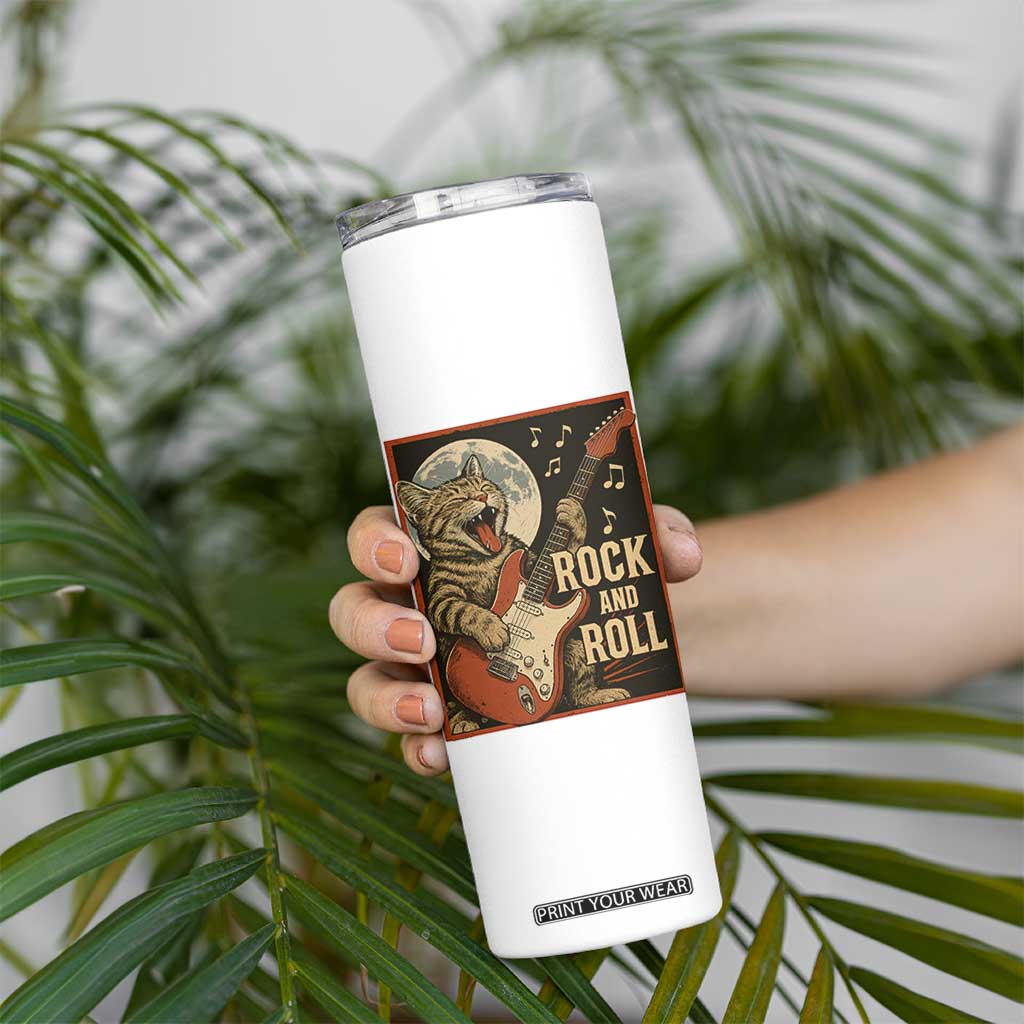 Funny Rock And Roll Skinny Tumbler Cat Playing Electric Guitar Music Lover TS12 Print Your Wear