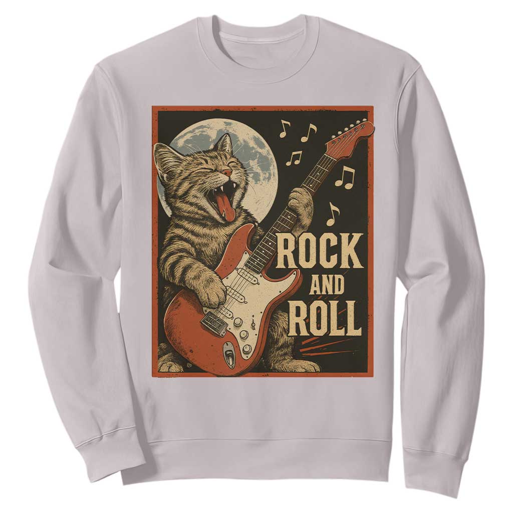 Funny Rock And Roll Sweatshirt Cat Playing Electric Guitar Music Lover TS12 Ice Gray Print Your Wear