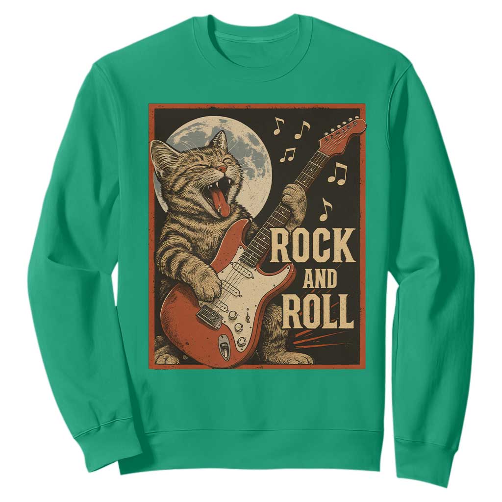 Funny Rock And Roll Sweatshirt Cat Playing Electric Guitar Music Lover TS12 Irish Green Print Your Wear