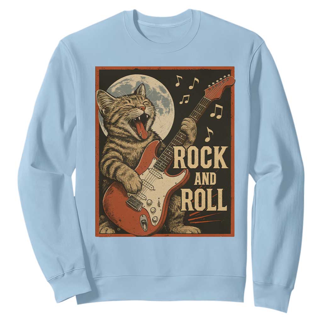 Funny Rock And Roll Sweatshirt Cat Playing Electric Guitar Music Lover TS12 Light Blue Print Your Wear