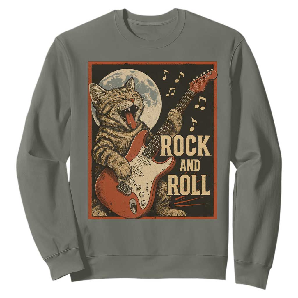 Funny Rock And Roll Sweatshirt Cat Playing Electric Guitar Music Lover TS12 Military Green Print Your Wear