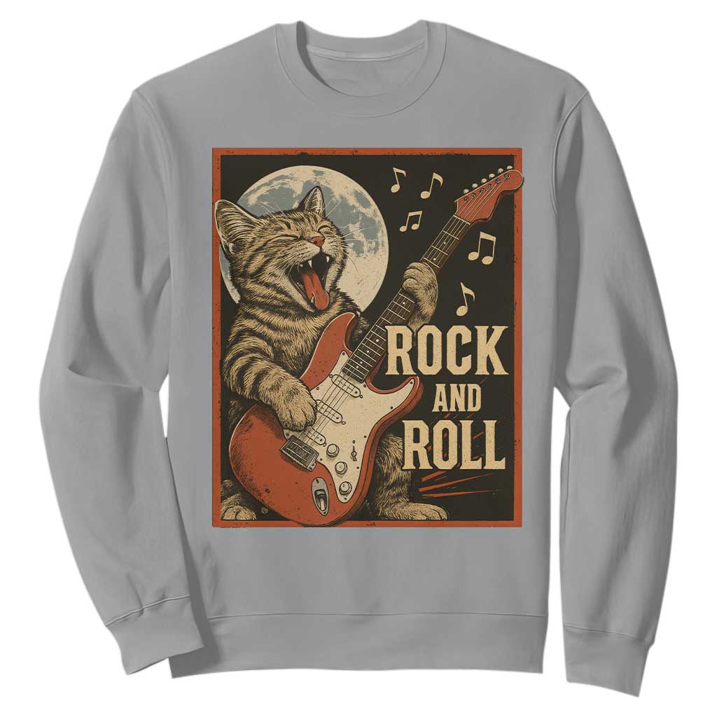 Funny Rock And Roll Sweatshirt Cat Playing Electric Guitar Music Lover TS12 Sport Gray Print Your Wear