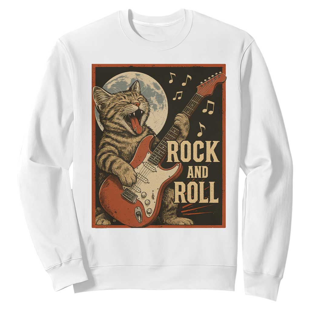 Funny Rock And Roll Sweatshirt Cat Playing Electric Guitar Music Lover TS12 White Print Your Wear