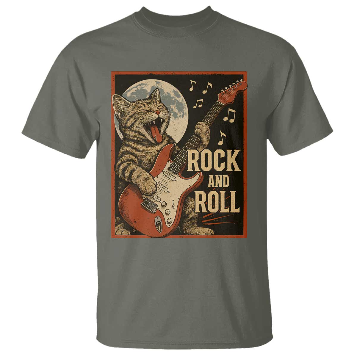 Funny Rock And Roll T Shirt Cat Playing Electric Guitar Music Lover TS12 Military Green Print Your Wear