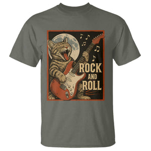 Funny Rock And Roll T Shirt Cat Playing Electric Guitar Music Lover TS12 Military Green Print Your Wear