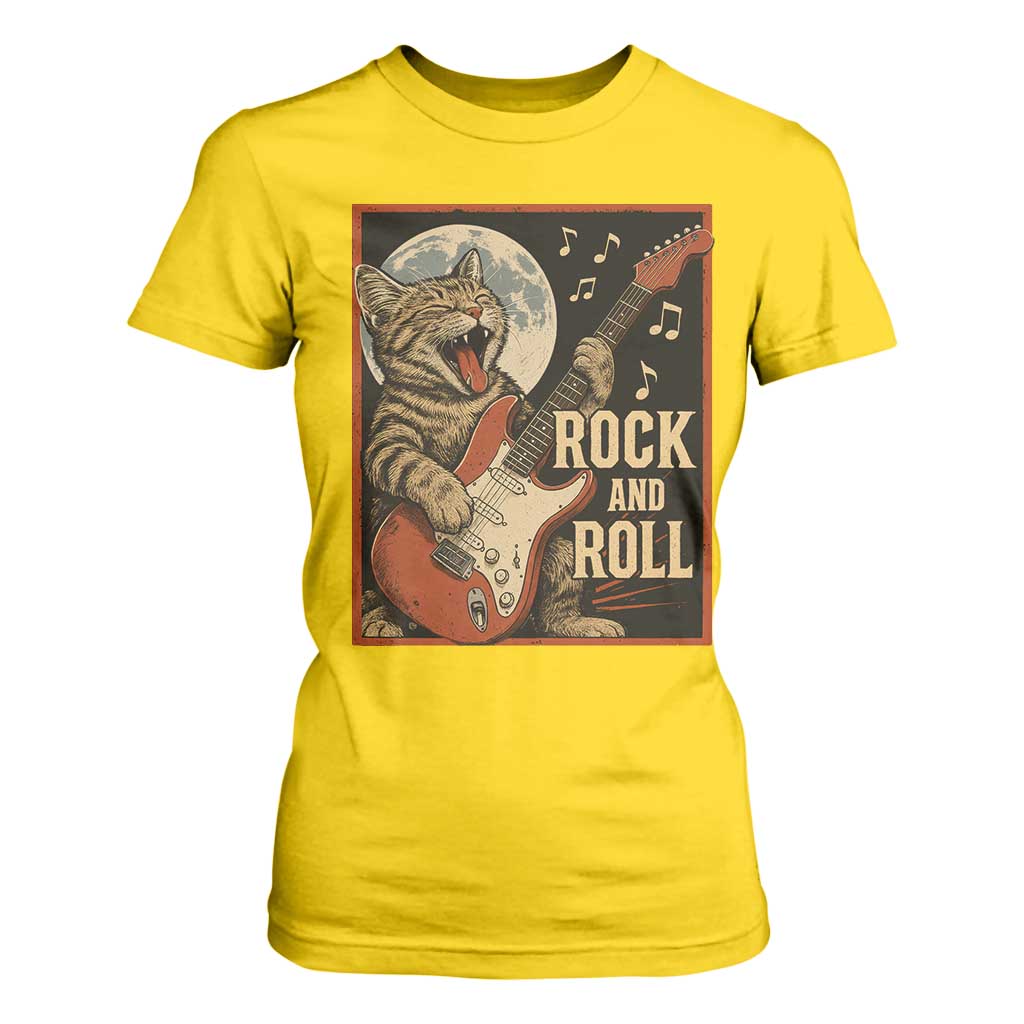 Funny Rock And Roll T Shirt For Women Cat Playing Electric Guitar Music Lover TS12 Daisy Print Your Wear