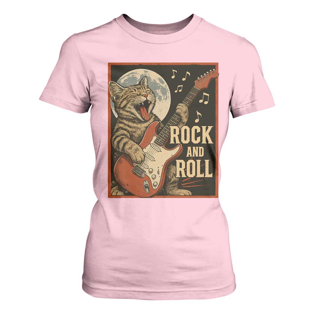 Funny Rock And Roll T Shirt For Women Cat Playing Electric Guitar Music Lover TS12 Light Pink Print Your Wear