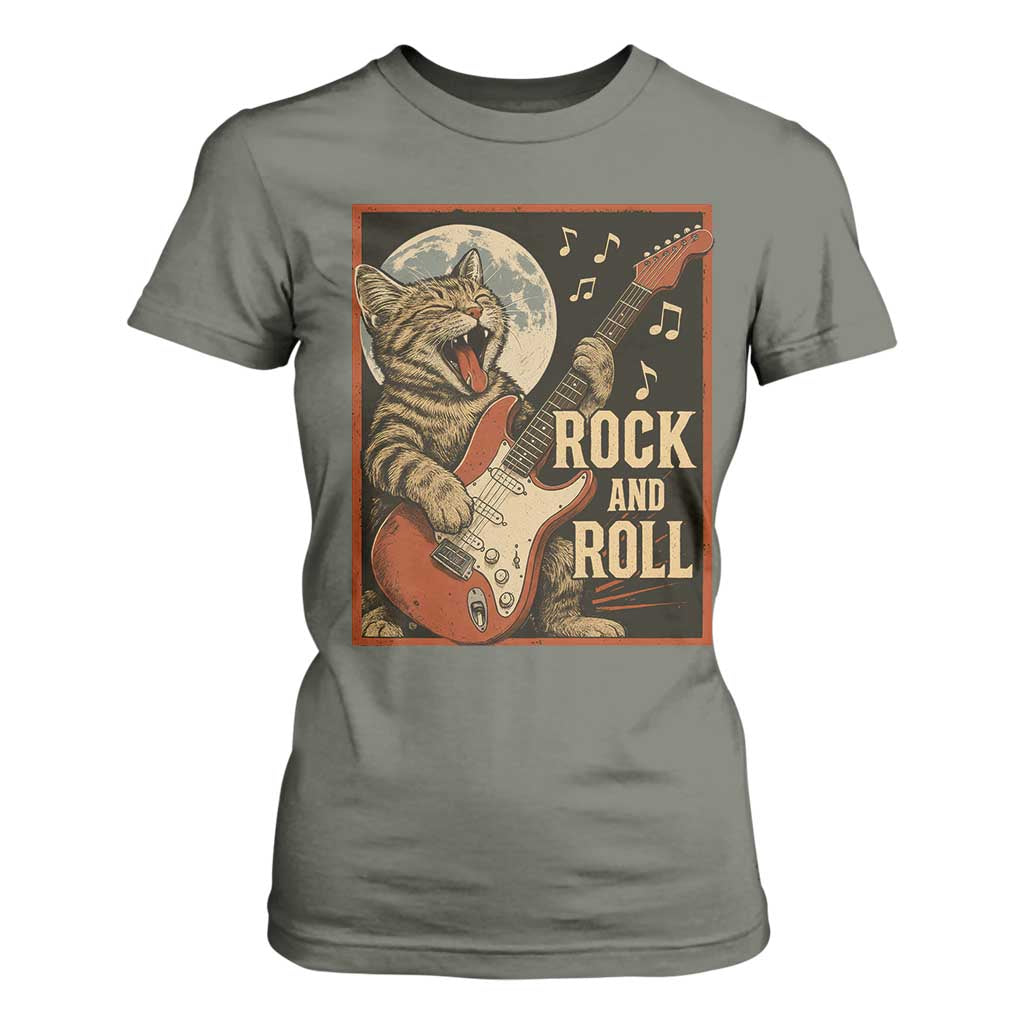 Funny Rock And Roll T Shirt For Women Cat Playing Electric Guitar Music Lover TS12 Military Green Print Your Wear
