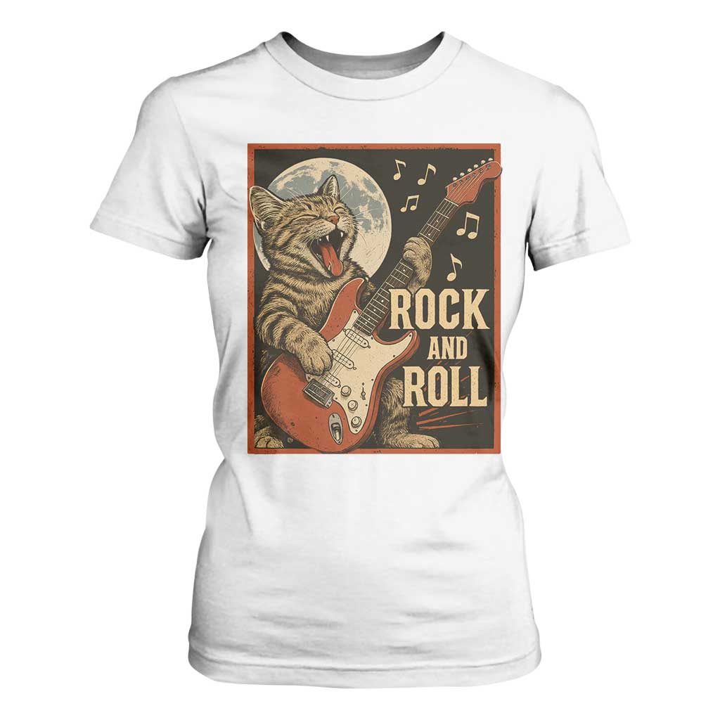 Funny Rock And Roll T Shirt For Women Cat Playing Electric Guitar Music Lover TS12 White Print Your Wear
